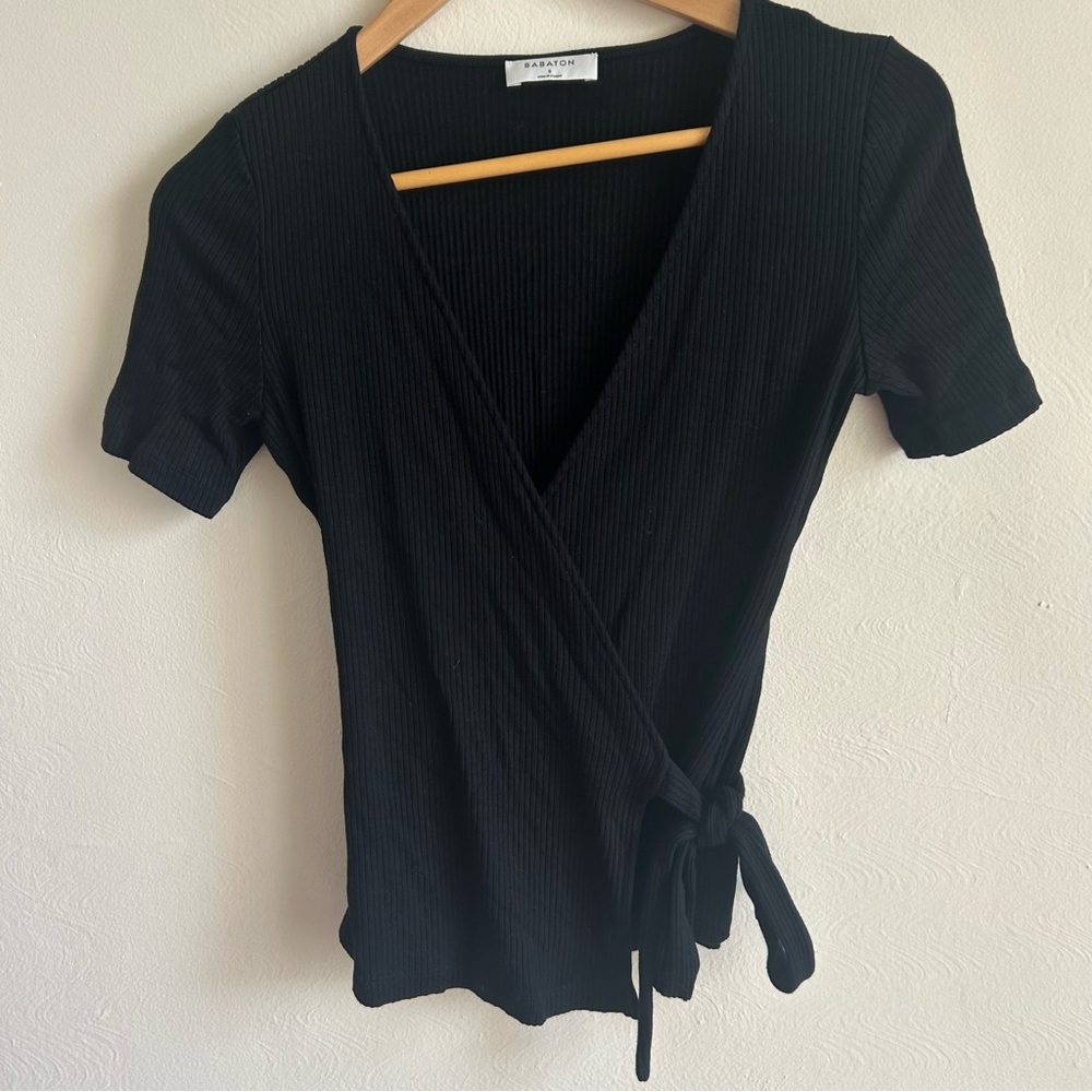 Aritzia Babaton | Ribbed Wrap Short Sleeve Ballet Top in Black | S